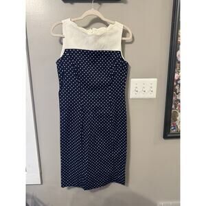 Talbots Navy/White Polka Dot Textured Sheath Dress Size 6 Scallop Neck Office